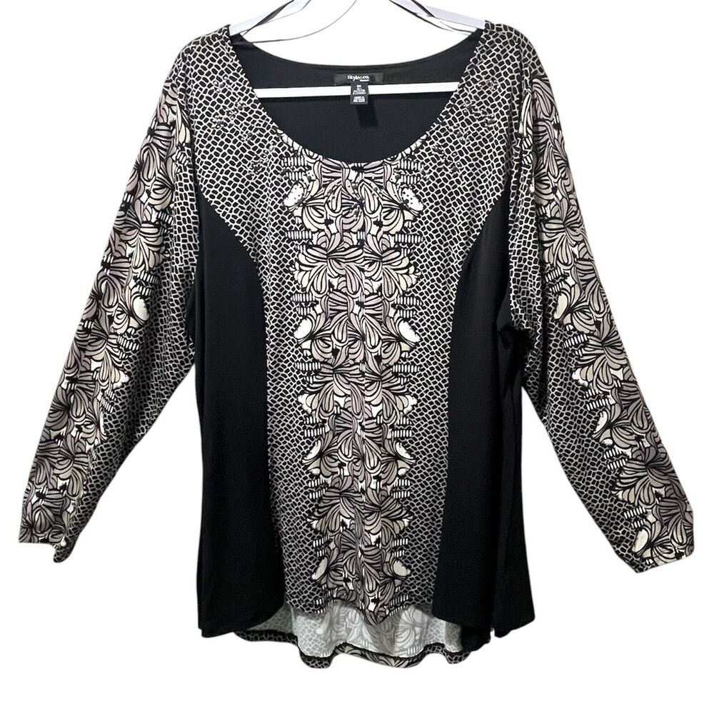 Style & Co Women's 3X Mixed Print Blouse Black White High Low Long Sleeve NWT
